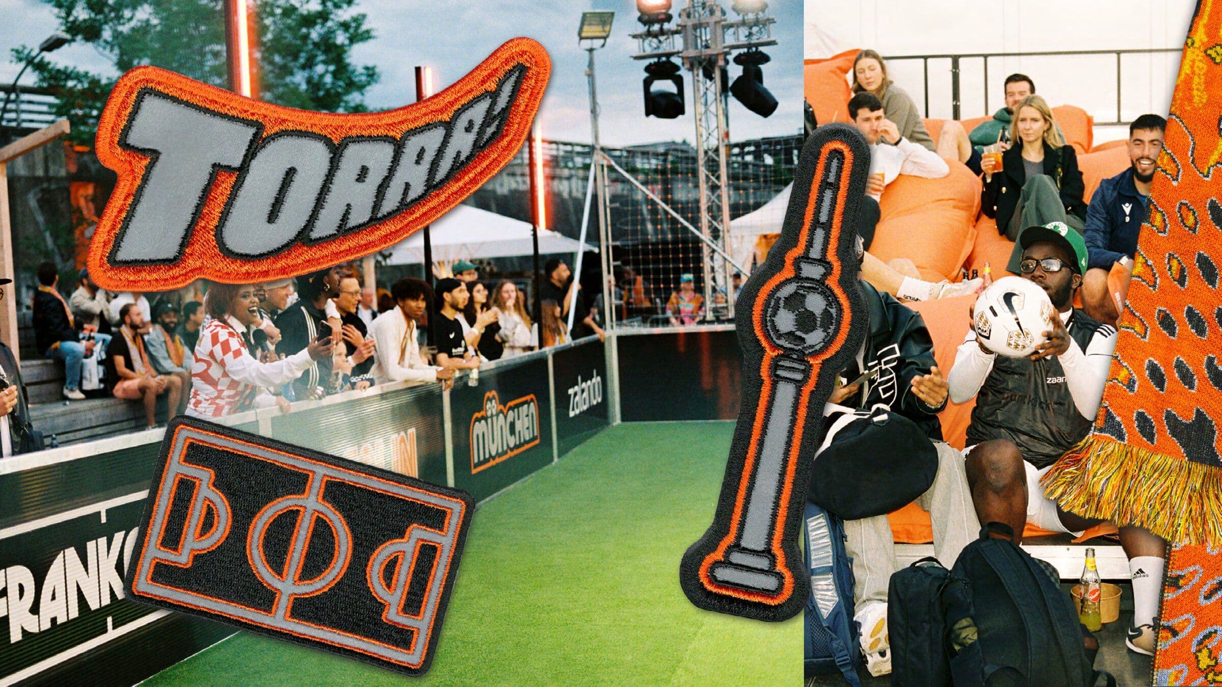 Football event collage with pitch markings, crowds and orange outlined campaign graphics