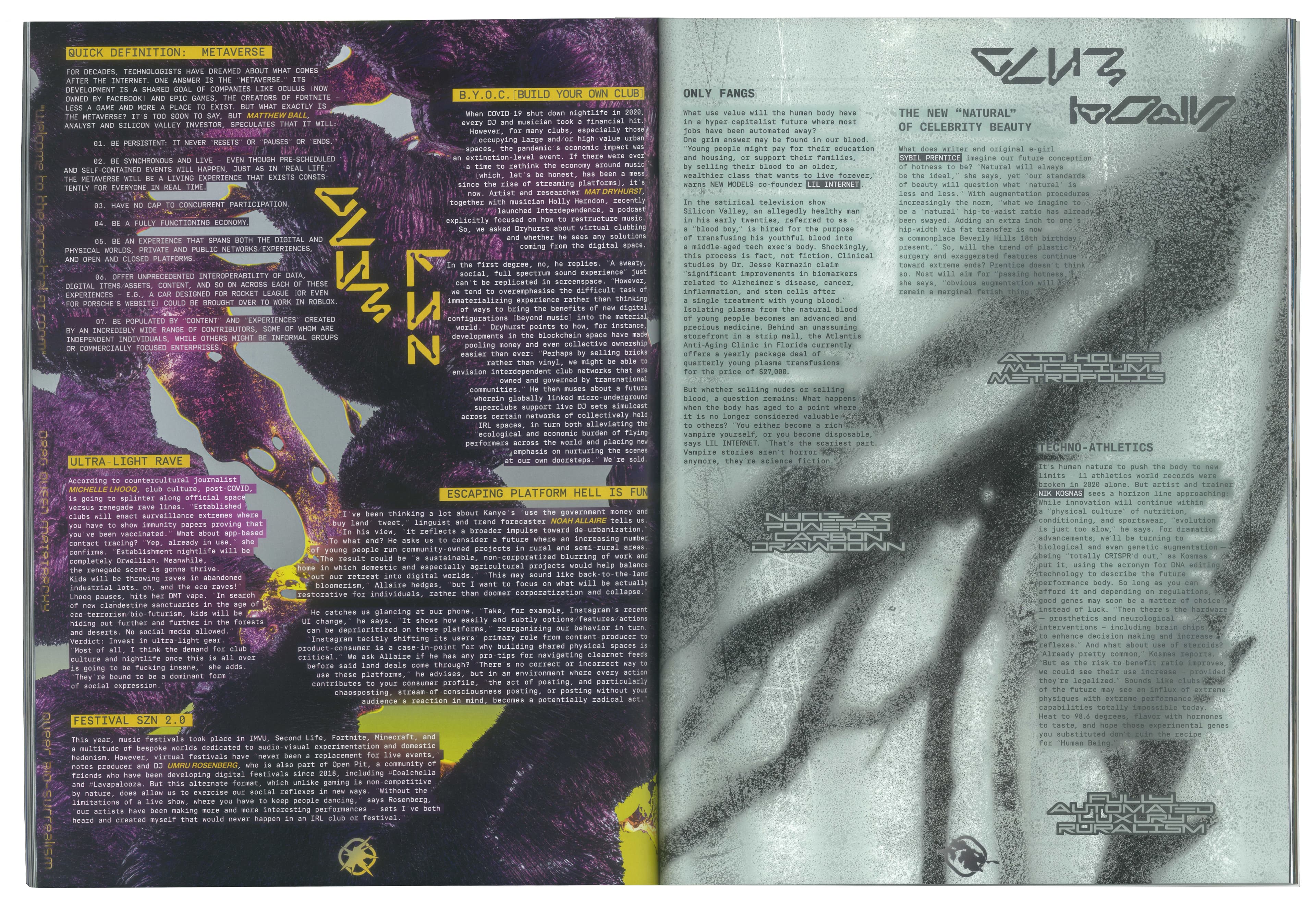 Club Fun and Club Body spread with purple forms, yellow accents and grey textures