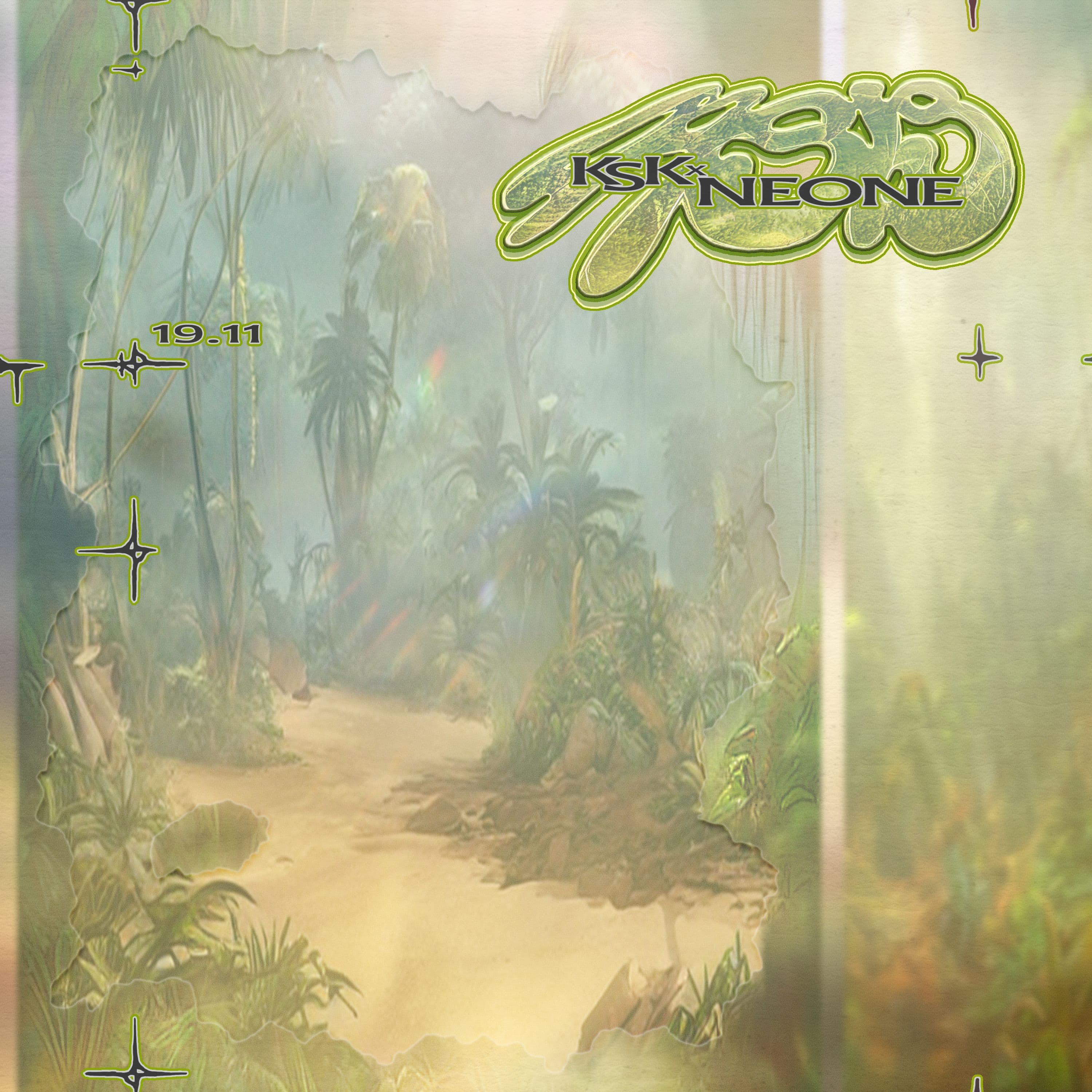 Green KSK x NEONE lettering above a misty forest path with small star symbols