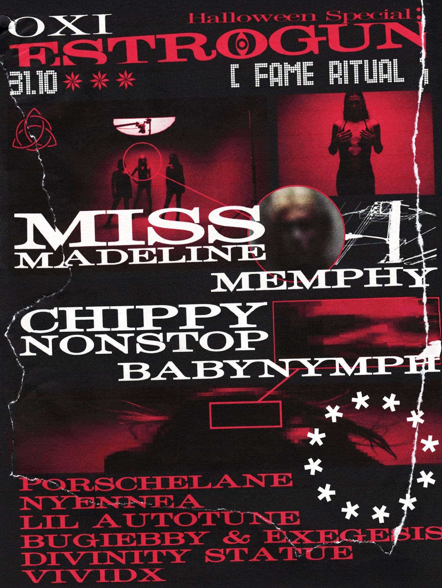 White performer names over a red and black collage with Fame Ritual lettering