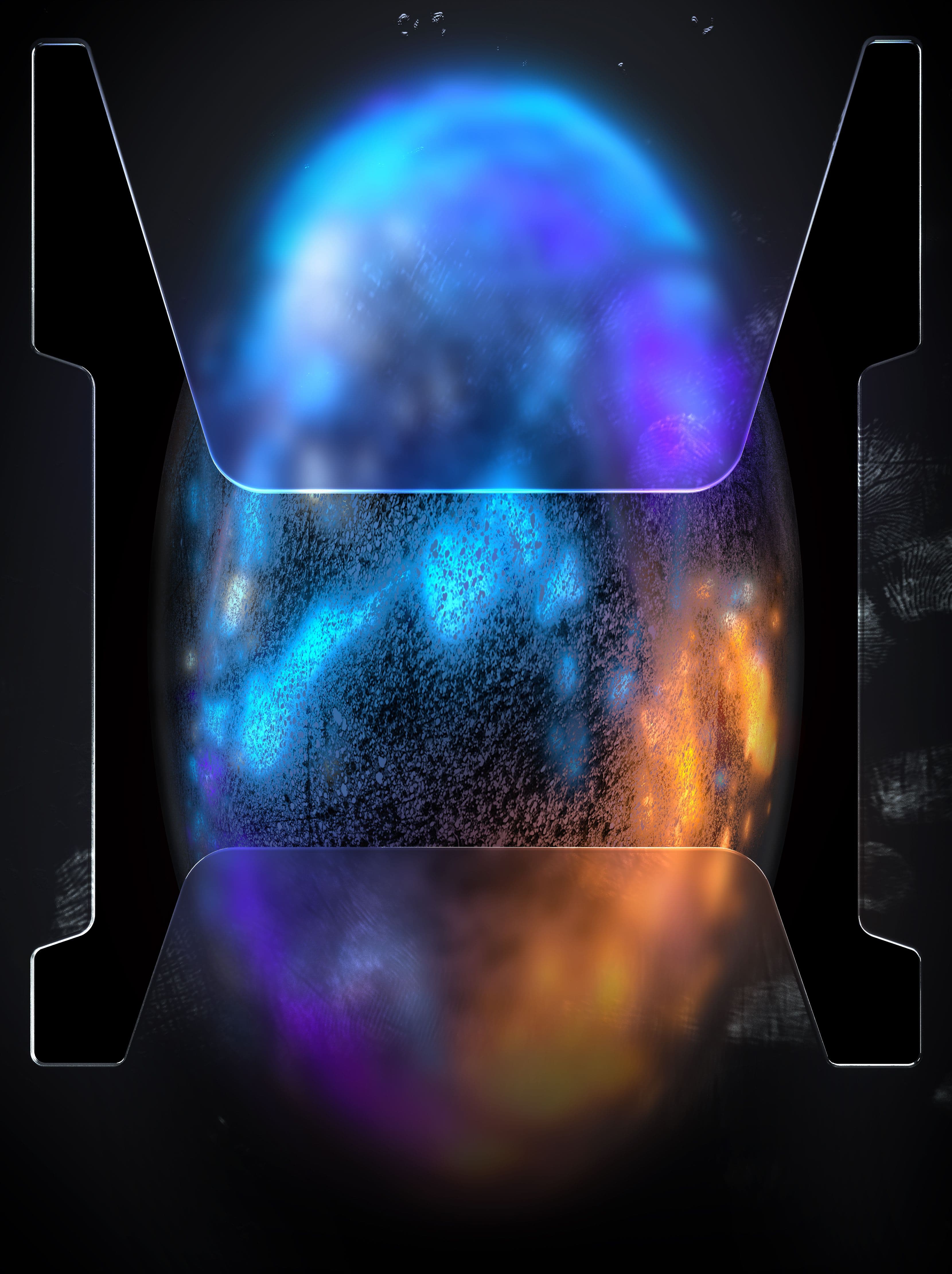 Glowing blue, purple and orange oval form inside a thin outlined frame on black