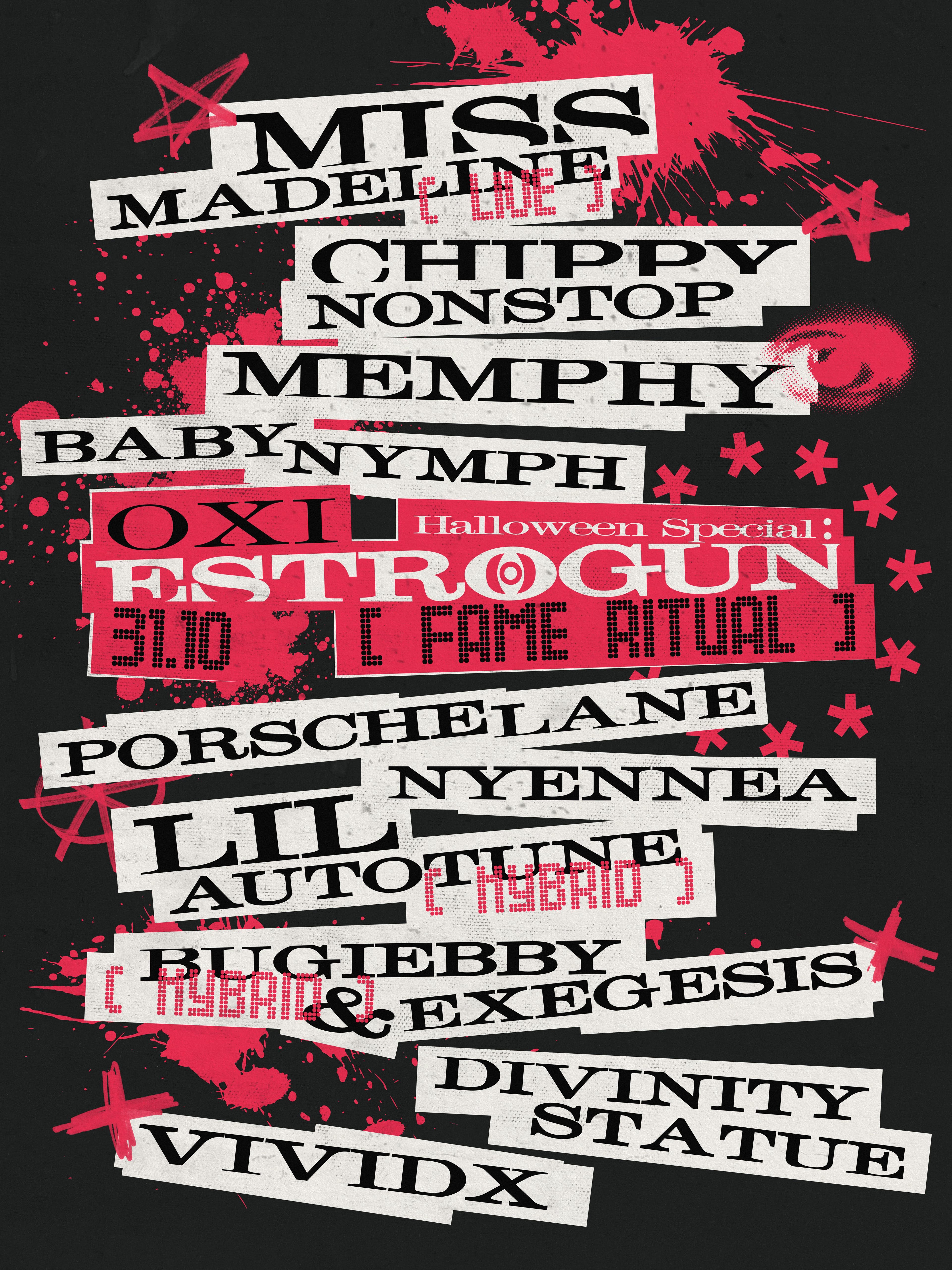 Stacked white name strips and red asterisks on a black flyer