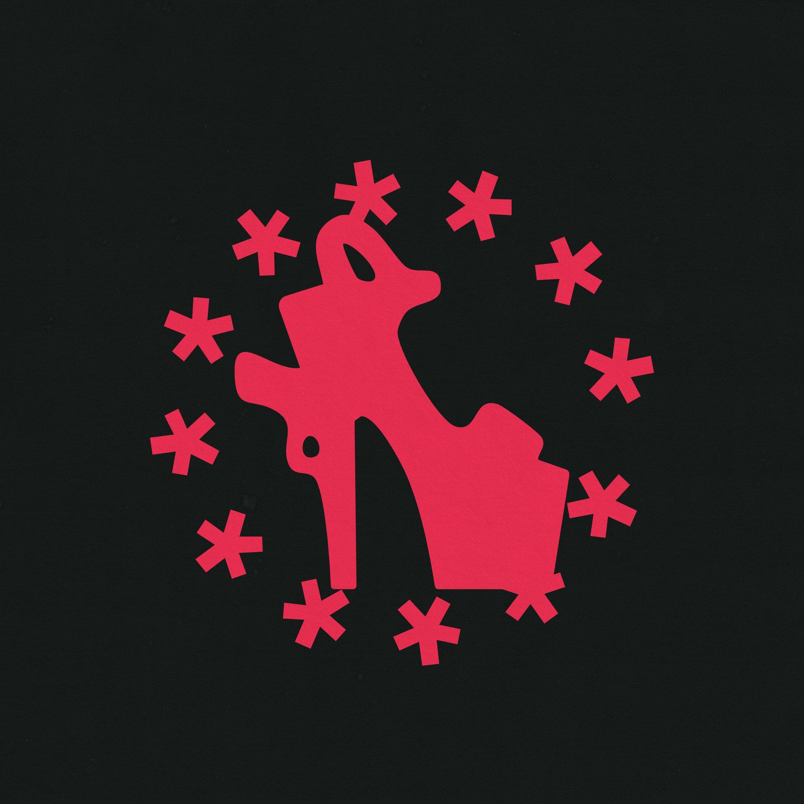 Red silhouette surrounded by a ring of red asterisks on black