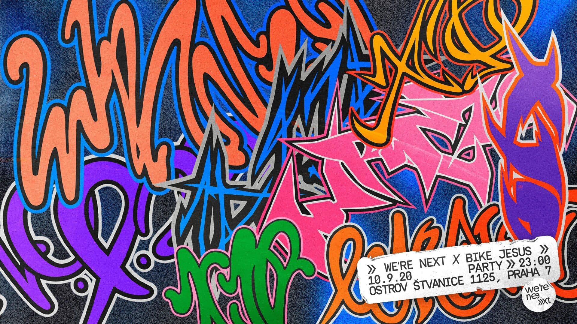 Dense multicoloured graffiti lettering with a small white event information panel