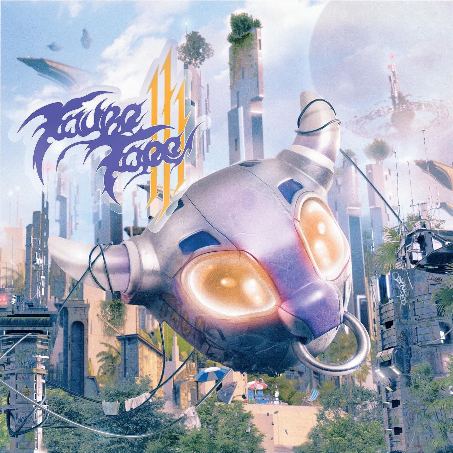 Metallic character head with glowing eyes above a futuristic city and Tauro Tape III lettering