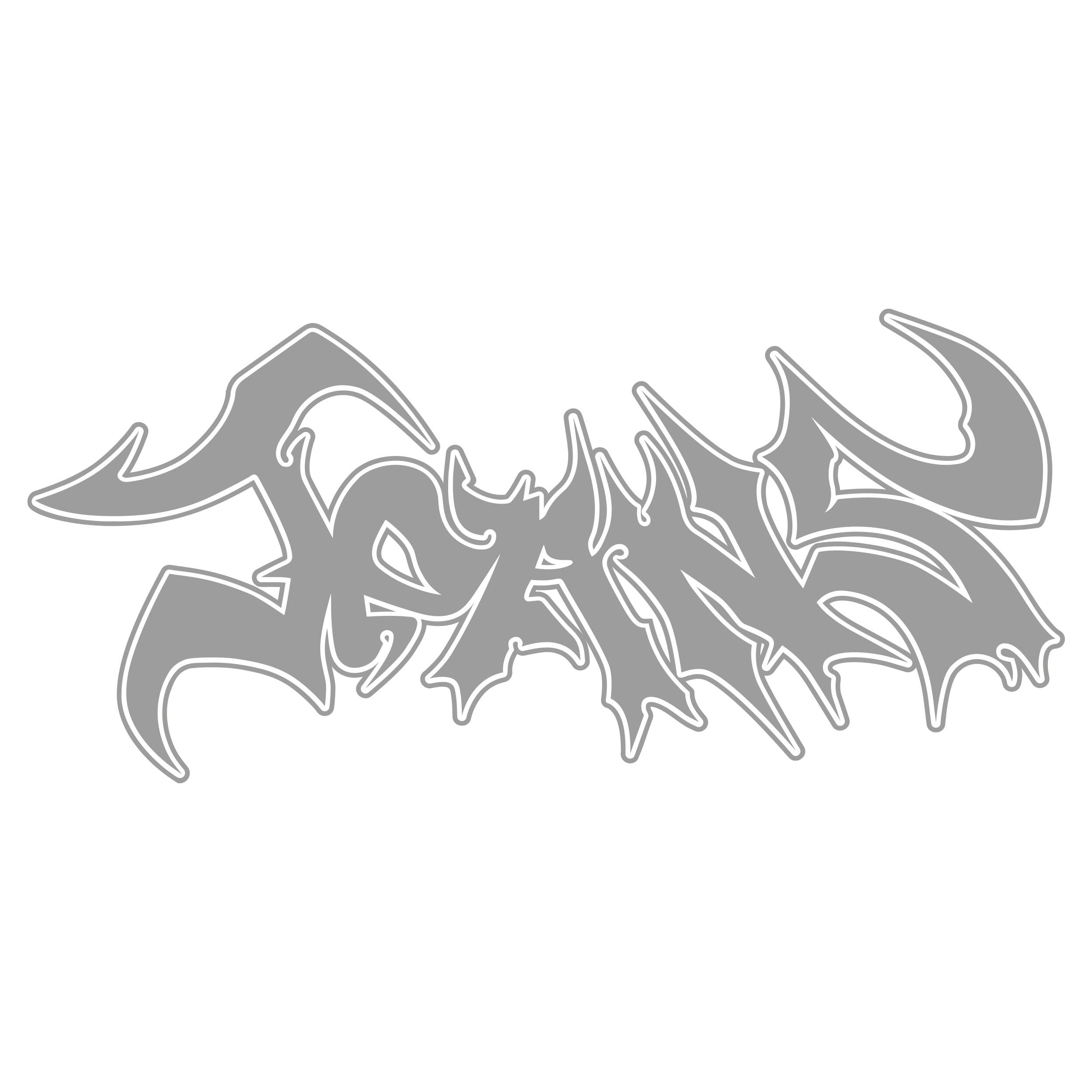 Grey angular Jeans lettering with pale outlines on white