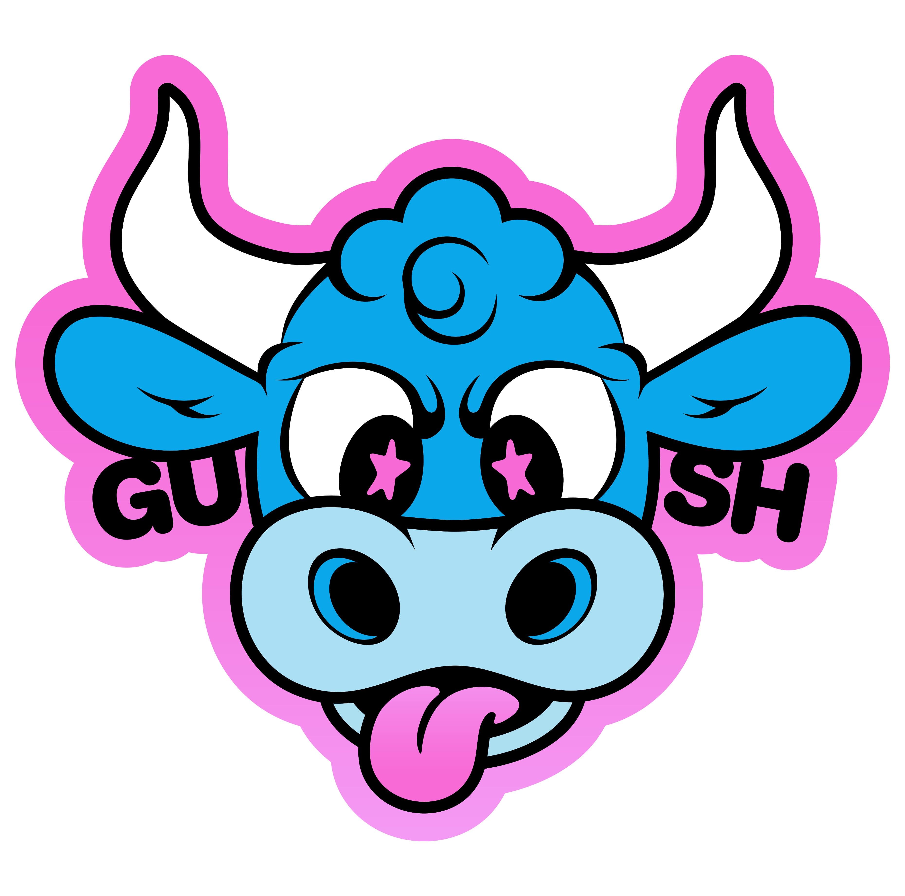 Blue cartoon cow head with white horns, pink tongue and a pink outline