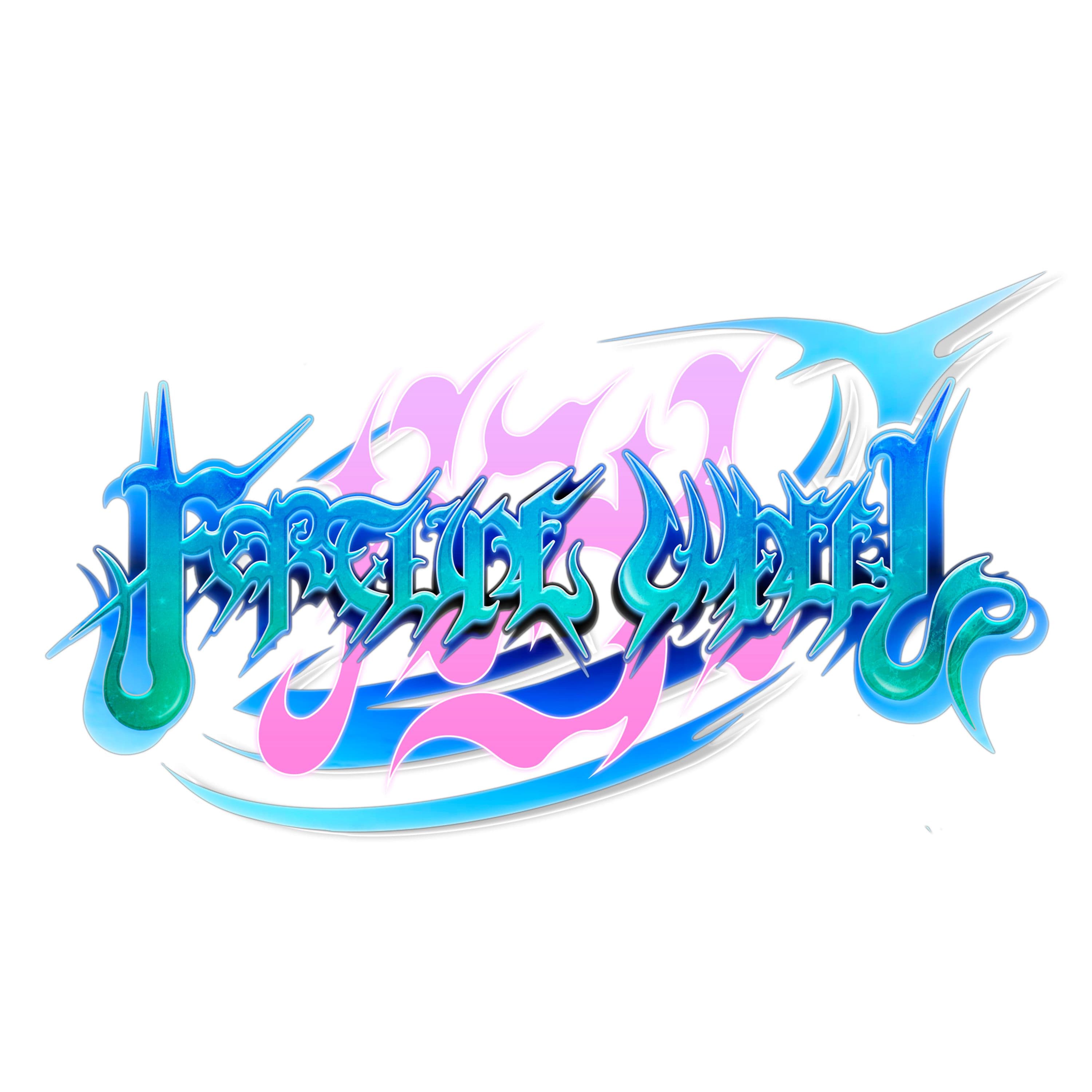 Blue and pink Fortune Wheel lettering with curved flame shapes on white