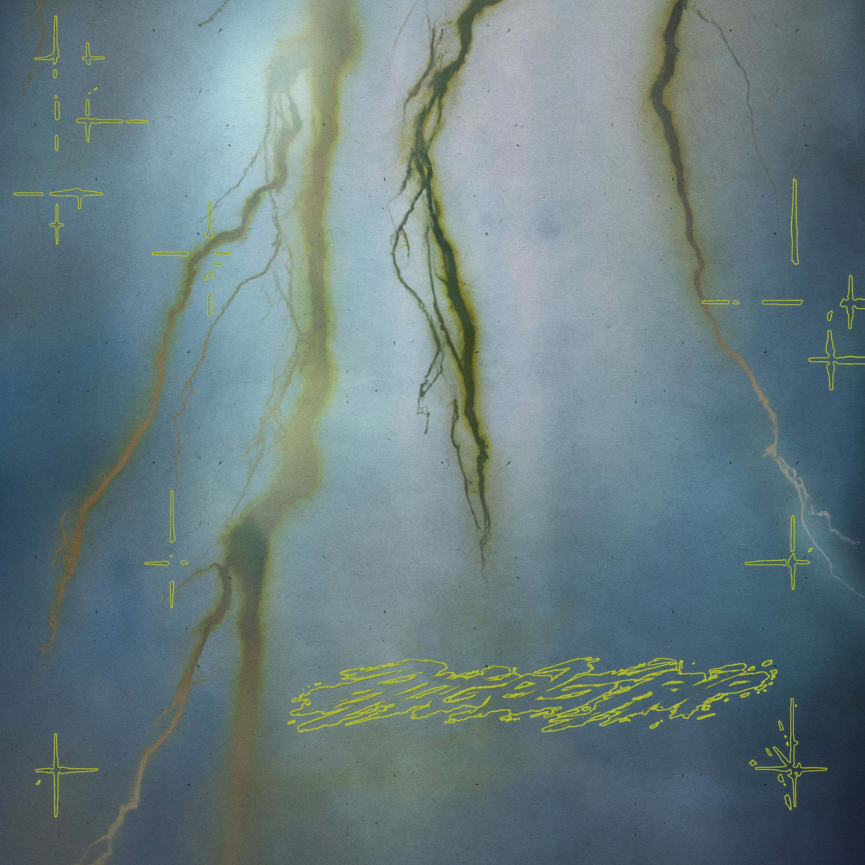 Dark hanging strands over a misty blue background with small yellow symbols