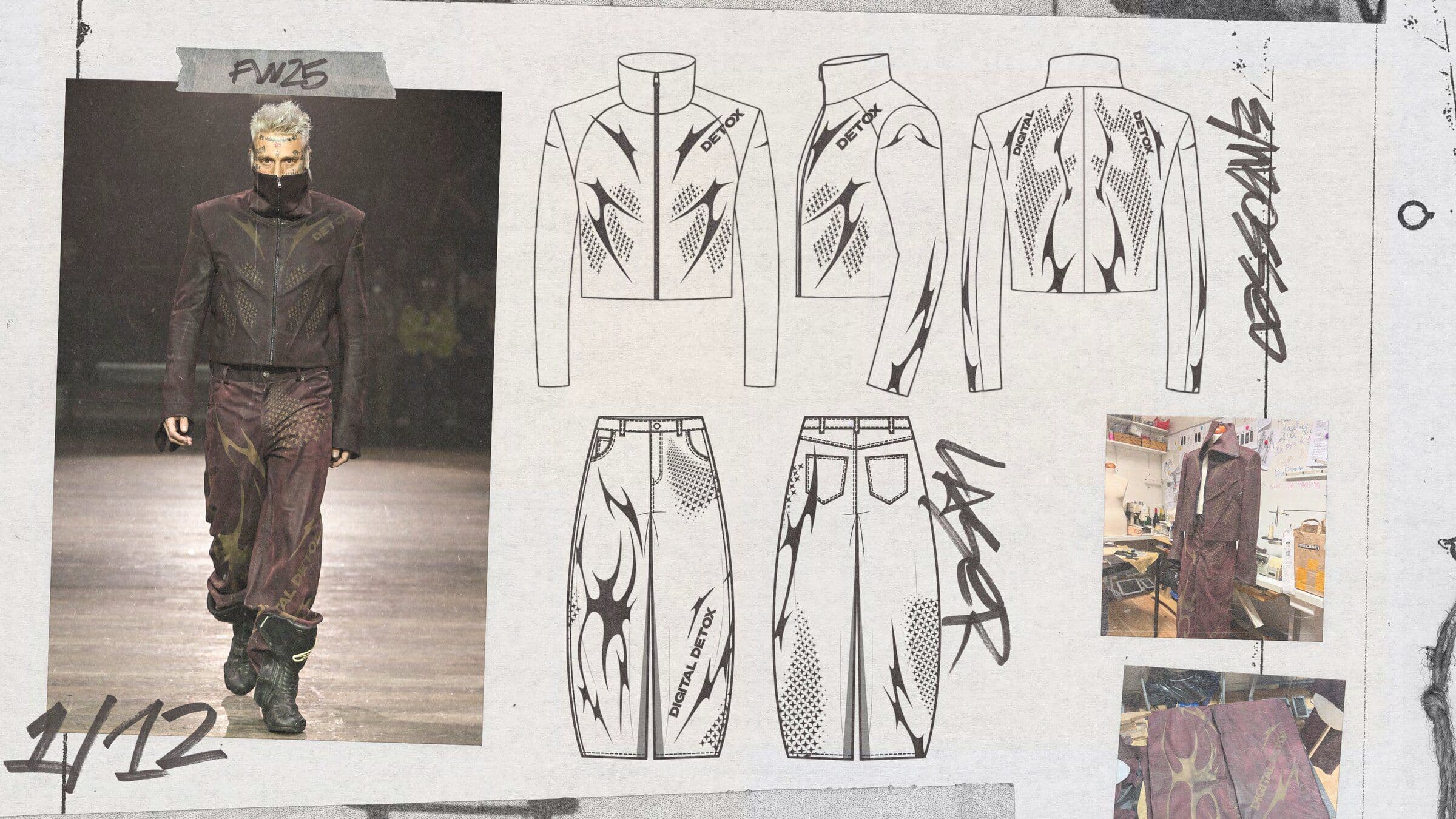 Dark jacket and trousers on the runway beside front and rear technical drawings