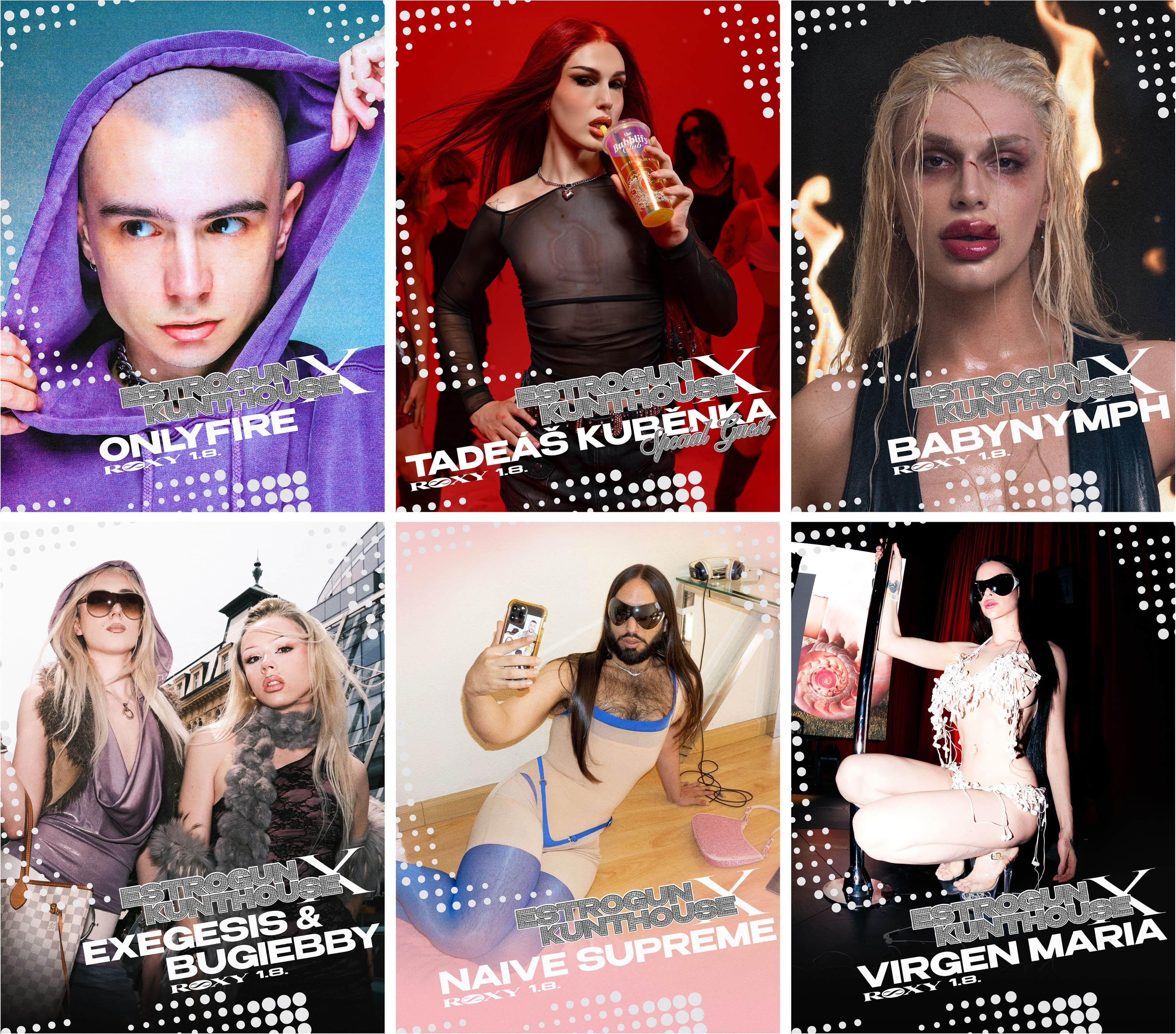 Six performer portrait cards with names, dotted borders and coloured backgrounds