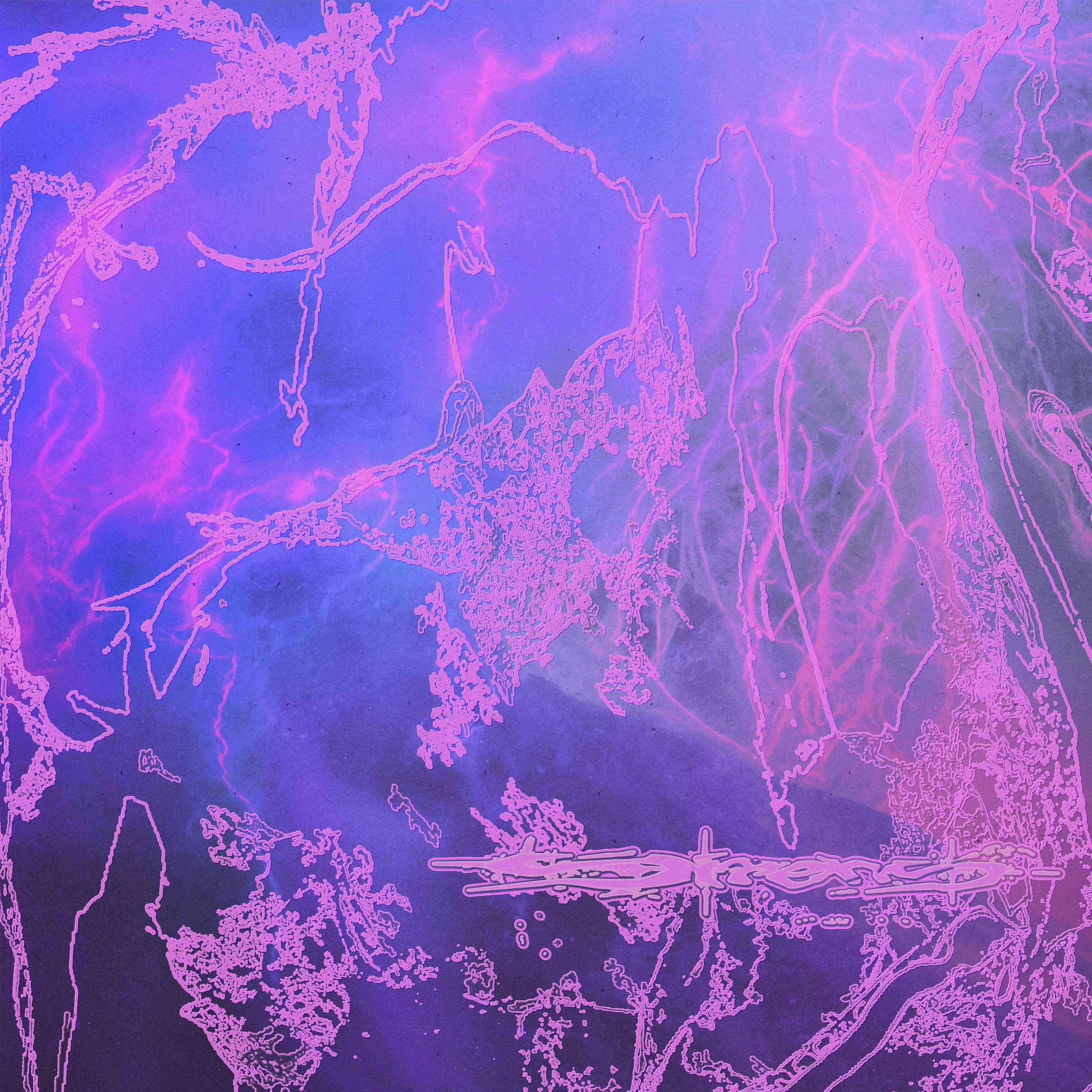 Pink branching linework over a cloudy purple background